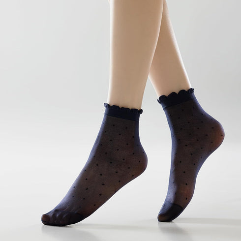 Mcool Mary 12 Pairs Women's Sheer Ruffled Socks Frilly Ankle High Nude Nylon Stocking Summer Ultra Thin Cool Silk Dot Socks for Women...