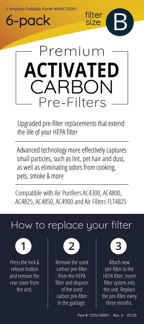 Germ Guardian Carbon Pre Filter Kit, 6 Pack, Compatible with FLT4825 HEPA Filter B, Air Purifier AC4300, AC4900, AC4825, AC4850, AC4820...