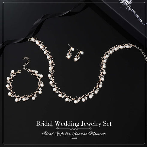 Unicra Pearl Bride Wedding Jewelry Set Crystal Bridal Necklace Bracelet Earrings Sets Rhinestone Choker Necklace Prom Costume Jewelry Set for Wome...