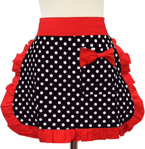 Black Sexy Polka Dot Ruffle Side Cotton Kitchen Cooking Waist Waitress Server Half Aprons with Pocket Women Girl...