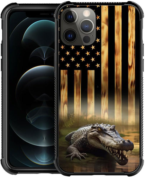 TnXee Case Compatible with iPhone 12 Pro Max Case, Wood Grain American Flag Alligator Pattern Design case for iPhone 12 Pro Max Cases for Mans Wom...