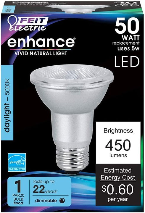 Feit Electric PAR20 LED Bulbs, 50W Equivalent, Dimmable Spotlight Bulbs, 5000k Daylight, E26 Base, 90 CRI, 450 Lumens, 22-Year Lifetime, PAR20 Flo...