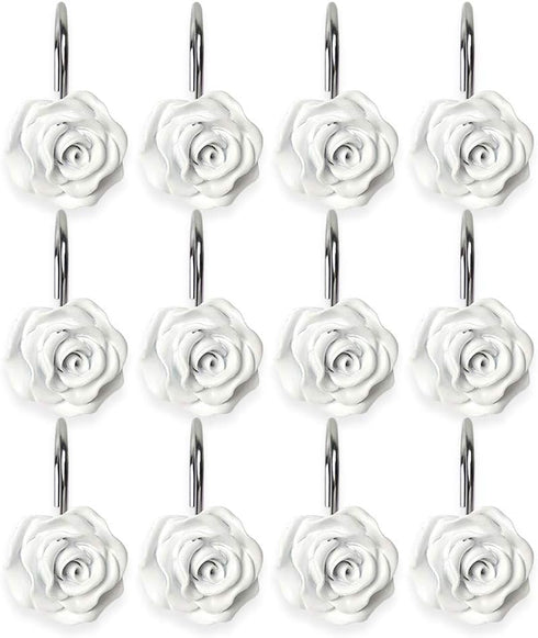 Actpe 12pcs White Rose Flower Shower Curtain Hooks, Rustproof Metal, Home Decorative, Bathroom, Living Room, Bedroom, Kid's Room...