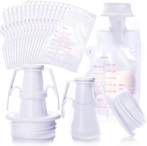 BABORUI Breastmilk Storage Set, 2Pcs Breastmilk Storage Bag Adapters with 20Pcs Milk Storage Bags for Fridge or Freezer, BPA Free Breastfeeding Es...