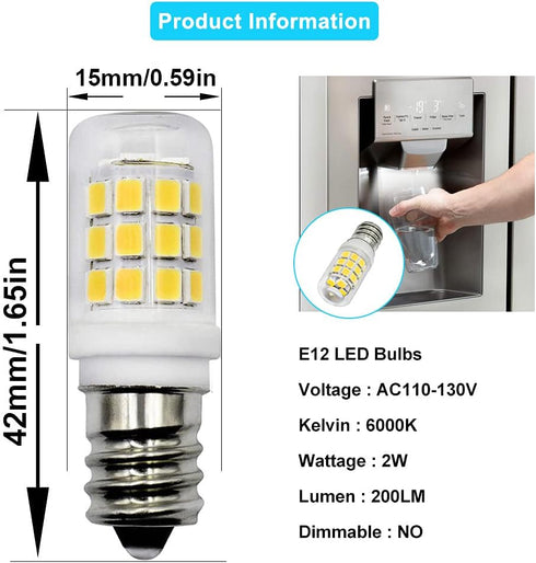 E12 LED Fridge Water Dispenser Light Bulb 2W(15W Replacement) 120V T5 Tubular Appliance Bulb for Chandeliers Home Lighting Refrigerator/Dryer Drum...
