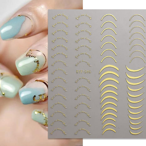 Gold Nail Art Stickers Metallic Line Nail Decals 3D Self-Adhesive Gold Silver Curve Stripe Wave Nail Design Luxury French Tip Manicure Nail Art Su...