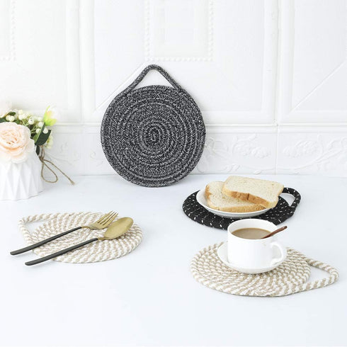 Cotton Thread Pot Trivet, Braided Cup Coaster for Kitchen, Multi-use for Hot Pan, Dish and Bowl, with Stylish Hanging Loop Set of 3 Diameter 7 Inc...