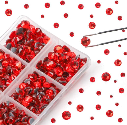 OUTUXED 5040pcs Red Flatback Rhinestones for Crafting, Crystal Round Gems for Nail Art DIY, Halloween Clothes Bags, 6 Mixed Size Hotfix With Tweez...