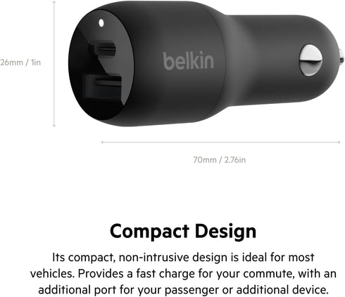 Belkin 37-Watt Dual USB Car Charger - Power Delivery 25W USB-C Port & 12W USB-A Port for PPS Charging Apple iPhone, Samsung Galaxy, AirPods, & Mor...