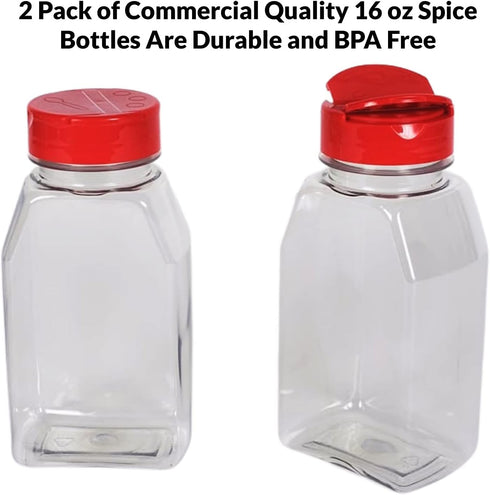 Skyway Supreme Large 16 OZ Plastic Spice Bottles Seasoning Containers Jars - Flap Cap Pour and Sifter Spice Shaker - Refillable Perfect For Storin...