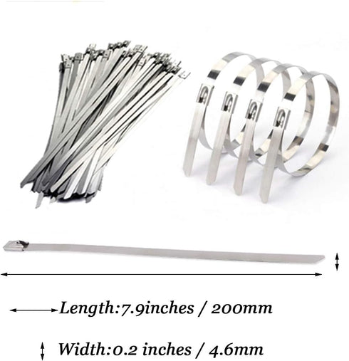 Stainless Steel Cable Ties, Tiberham 100 Pcs 7.9 Inches Heavy Duty Self-Locking Cable Zip Ties, Multi-Purpose Metal Exhaust Wrap Locking Ties for ...
