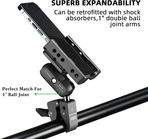 FANAUE Handlebar Base Mount Strong Rod Clamp with 1'' Ball for Rails 0.5" to 2.0" in Diameter, Compatible with RAM Mounts B Size Double Socket Arm...