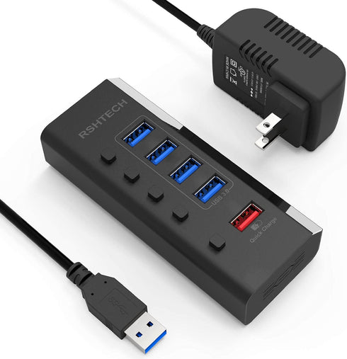 Powered USB Hub, RSHTECH USB 3 Hub with 4 USB 3.0 Data Ports + 1 USB Fast Charging Port, USB Splitter with 24W(12V/2A) Power Adapter and Individua...