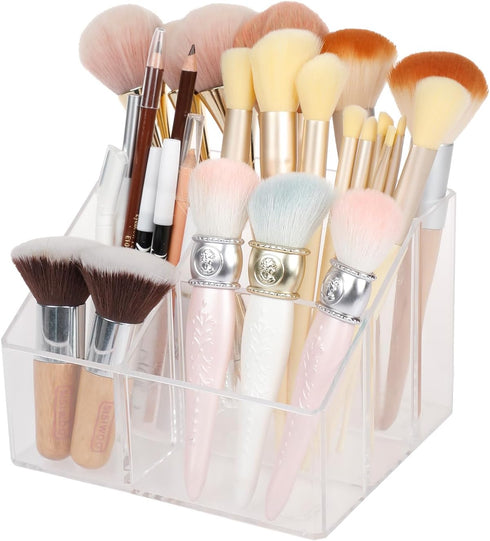 Yesesion Clear Makeup Organizer with 5 Compartments, Plastic Bathroom Counter Storage for Skincare, Toothbrush, Cosmetics Brushes, Palette, Lipsti...