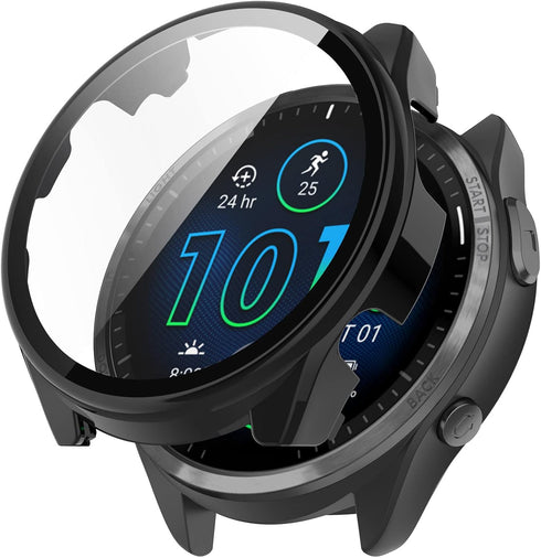 Smartwatch Full Coverage PC Protective Case Cover With Tempered Glass Screen Protector For Garmin Forerunner 965, Soft And Durable Black...