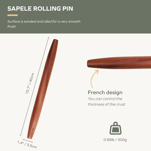 Muso Wood Sapele Wooden French Rolling Pin for Baking, Tapered Roller for Fondant, Pie Crust, Cookie, Pastry (French 15-3/4inch)...