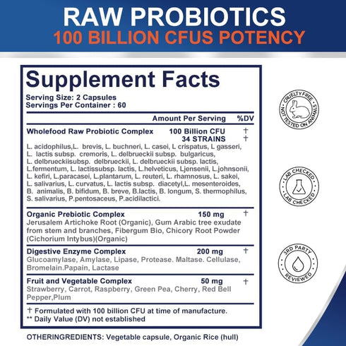 Probiotics 100 Billion CFU - 34 Strains + Organic Prebiotics Complex + Digestive Enzyme Complex + Fruit & Veggie Complex, Ultimate Gut Health Supp...