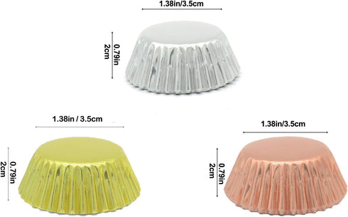 Mini Metallic Foil Paper Cupcake Liners/Baking Cups in Rose Gold, Gold and Silver, 300-Count...