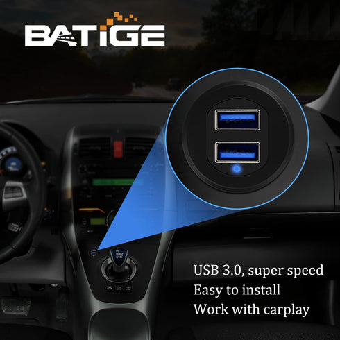 BATIGE Alloy Dual Port USB 3.0 Car Dashboard Flush Mount Cable, Male to Female with LED Indicator Extension Cable for Car Truck Boat Motorcycle Da...