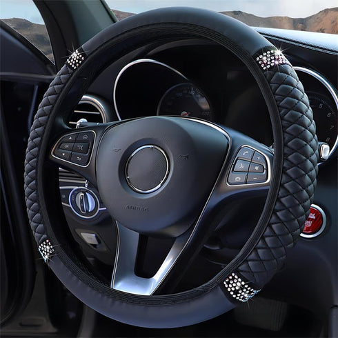 Soft Leather Car Steering Wheel Cover with Sparkly Crystal Diamond, Universal 15 Inch Colorful Rhinestones Elastic Steering Wheel Covers for Women...