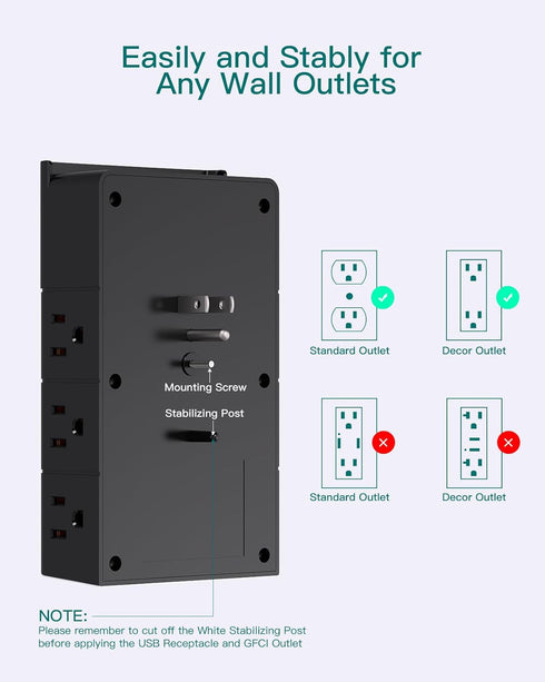 Multi Plug Outlet - Addtam Surge Protector Wall Mount with 12 Outlet Extender- 3 Sides and 3 USB Ports (1 USB-C), Outlet Splitter Power Strip for ...