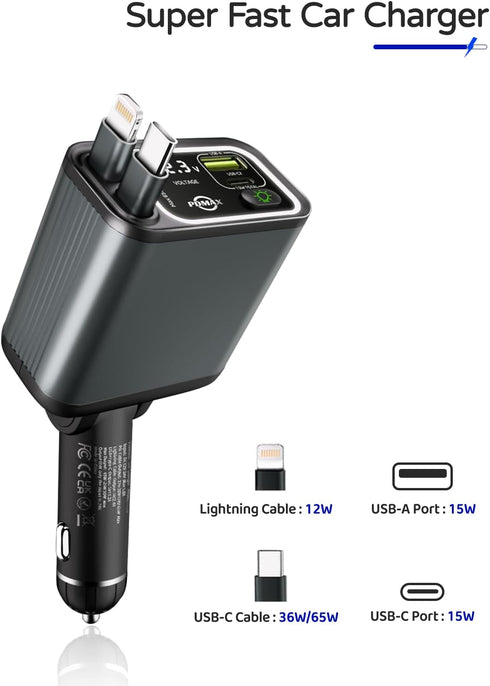 4-in-1 Retractable Car Charger - 90W Fast Car Phone Charger with Dual Retractable Cables (USB-C & iOS) and USB Ports, Compatible with iPhone 15/14...