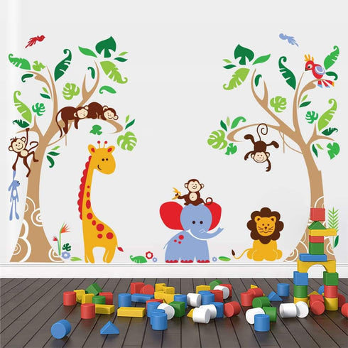 Runtoo Jungle Animals Tree Wall Decals for Nursery Baby Kids Bedroom Monkey Giraffe Elephant Wall Stickers Adventure Wall Décor...