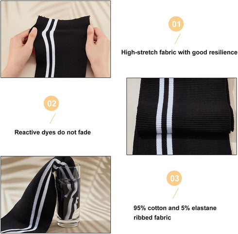 BENECREAT 2Pcs Elastic Fiber Ribbing Fabric, Black Stripes Pattern Knitted Waistband Knit Ribs Welts, Cuffs, Neck Bands for Trimming and Edging Ga...