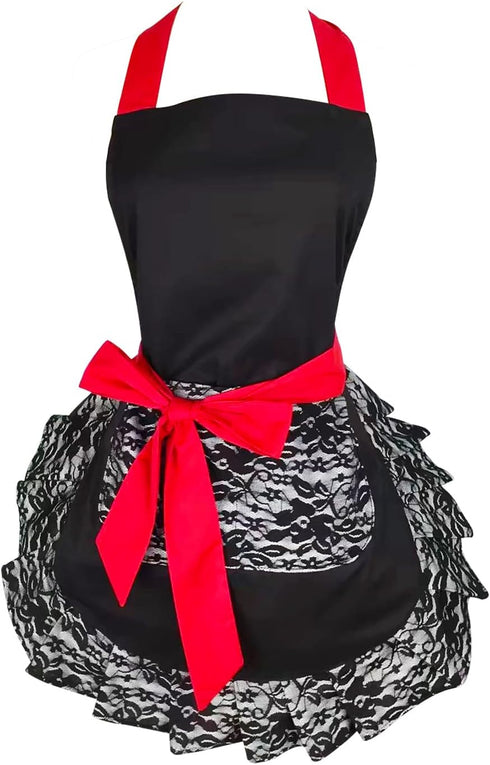 Black Lace Flirty Apron with Pocket, Fun Retro Sexy Cooking Pinup Aprons for Women Girls...