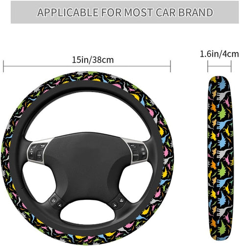 Swono Car Steering Wheel Covers Dinosaurs Cartoon Colorful Cartoon Funny Beast Dinosaur Black Universal for Women Girls Soft Neoprene Anti-Slip Ca...