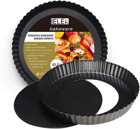IELEK 12 Inch Non-Stick Tart Quiche Flan Pan Molds Round Removable Loose Bottom Fluted Heavy Duty Pie Pizza Pan...