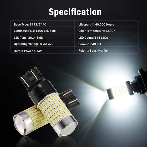 1400 Lumens Extremely Bright 144-SMD 7443 7440 7441 7444 W21W LED Bulbs 9-30V with Projector for Backup Reverse Lights, Parking Lights, Tail Brake...
