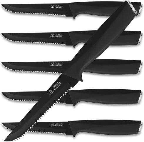 Steak Knives, Steak Knives Set of 6, High-Carbon Stainless Steel Serrated Steak Knives Dishwasher Safe, Elegant Black...