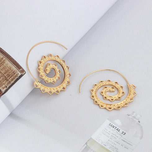 Boho Spiral Earrings Vintage Vortex Gear Earrings Gold Circles Tribal Earrings Exaggerated Hoop Earrings Indian Swirl Earrings Jewelry for Women...