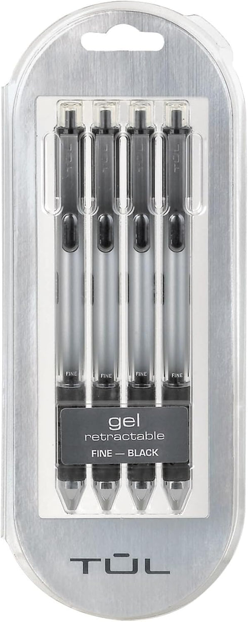 TUL Gel Pens, Retractable, Fine Point, 0.5 mm, Silver Barrel, Black Ink, Pack Of 4...