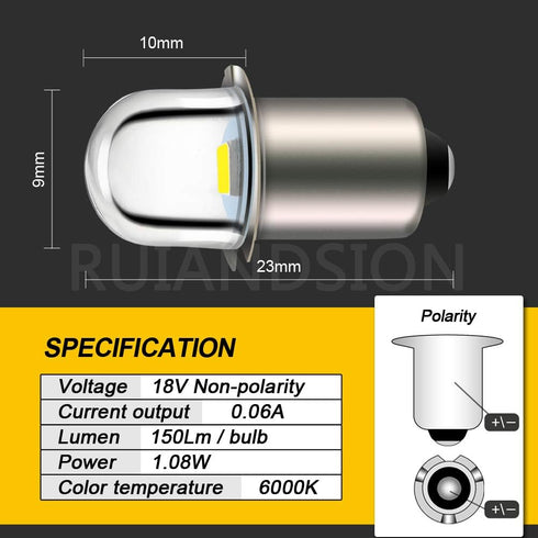Ruiandsion Upgrade LED Flashlight Bulb 18V P13.5S Base Socket White LED Bulbs Replacement for Flashlight Torch Lights,Non-Polarity (Pack of 5)...