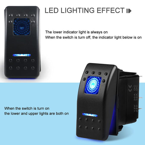Waterproof Marine Boat Rocker Switch Toggle 12V 24V, 5 Pin SPST ON-Off Switch 12V/20A 24V/10A Blue LED Light, with Jumper Wires Set for Car Marine...