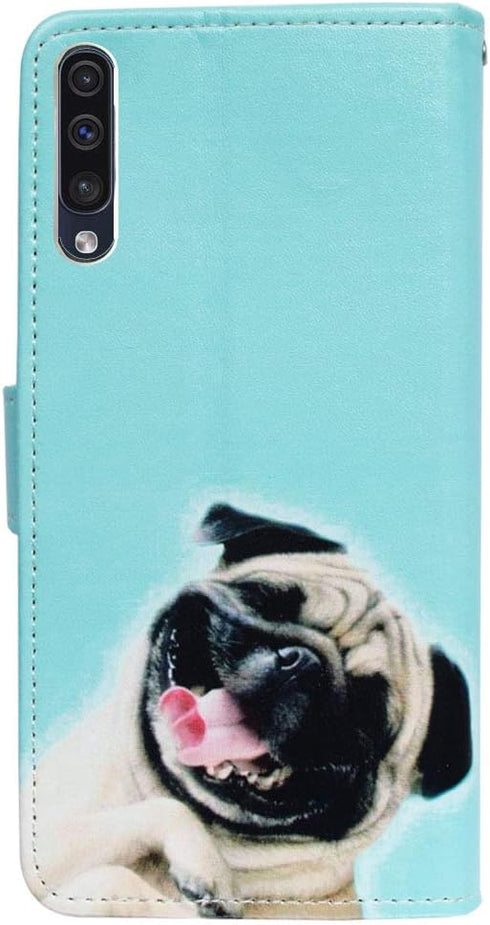 Case for Galaxy A50, Funny Pug Dog Flip Case Leather Cover with Credit Card Slot ID Card Holder Kickstand for Samsung Galaxy A50 SM-A505F SM-A505F...