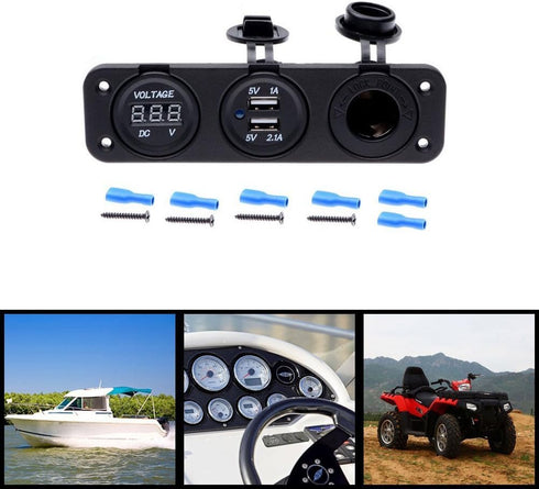 Cllena Triple Function Dual USB Charger + Blue LED Voltmeter + 12V Outlet Socket Panel Jack Marine for Digital Devices Mobile Phone Tablet...