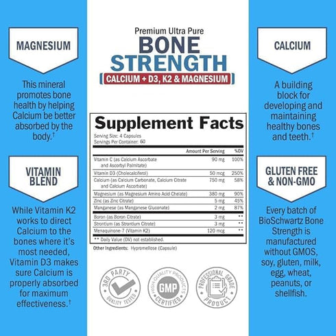 Bone Strength Supplement with Calcium Magnesium Vitamin D3 K2 Zinc (60 Day Supply) 8 Bone Building Nutrients for Bone & Muscle Support - High Abso...