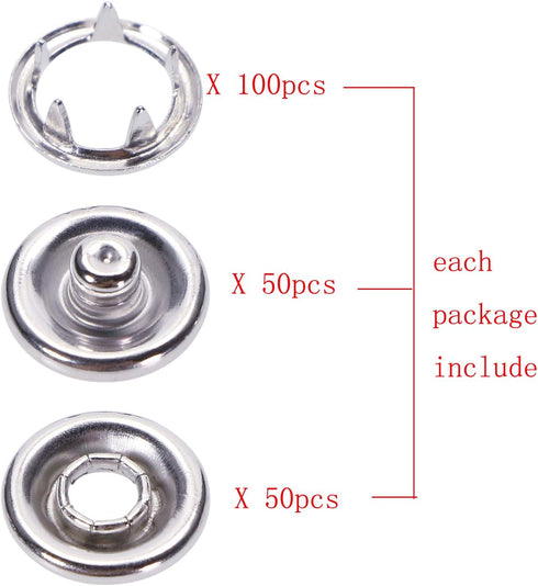 ONLYKXY 50 Sets 9.5mm/0.37inch Snap Buttons, Metal Ring Snaps, Snap Fasteners Kit, Hollow Prong Buckle (Silver)...