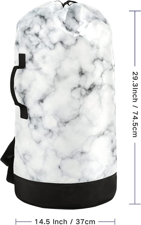 White Marble Laundry Bag Large Heavy Duty Laundry Backpack for College Students Laundry bag with Shoulder Straps Washable for Camp Traveling Water...