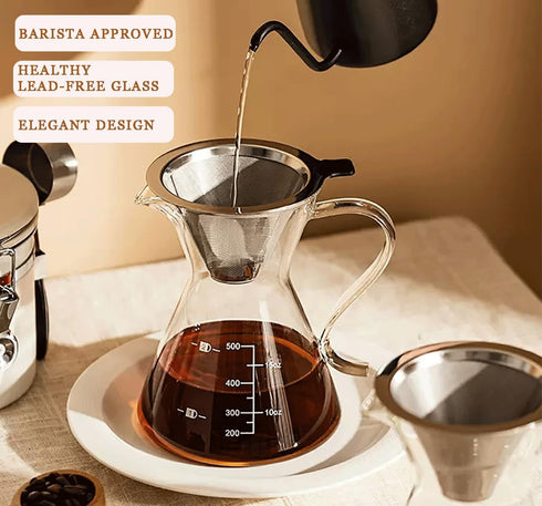 Pour Over Coffee Maker - Elegant Drip Coffee Maker with Reusable Stainless Steel Filter/Dripper, Lead-Free Borosilicate Glass Coffee Carafe for 1-...