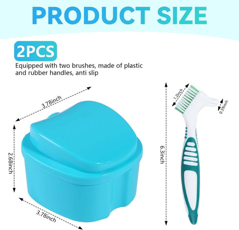 2 Pack Denture Bath Case Cup Box Holder Storage Container with Denture Cleaner Brush Strainer Basket for Travel Cleaning (Light Blue and Blue)...