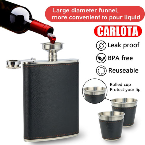 Hip Flask Gift Set, Hip Flasks for Liquor for Men with Black Leather Cover, 8 Oz Hip Flask Set, 18/8 Stainless Steel Hip Flasks for Liquor with 2 ...