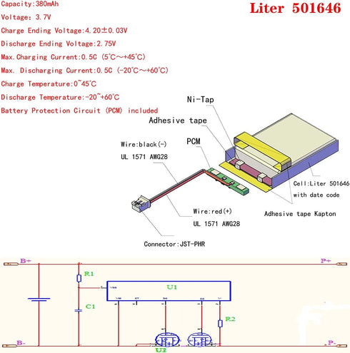 3.7V Lipo Battery 380mAh Rechargeable Lithium ion Polymer Battery 501646 Lithium Polymer ion Battery with JST Connector...