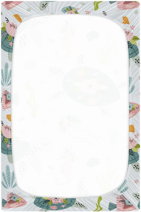 Fitted Crib Sheets Turtle Sea Horse Stretchy Portable Playard Sheets for Baby Toddler, Breathable Soft Mini Crib Mattress 39 x 27 in for Boys and ...
