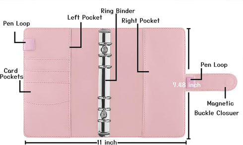 Antner A6 PU Leather Notebook Binder Refillable 6 Ring Budget Binder for A6 Filler Paper, Loose Leaf Personal Planner Binder Cover with Magnetic B...