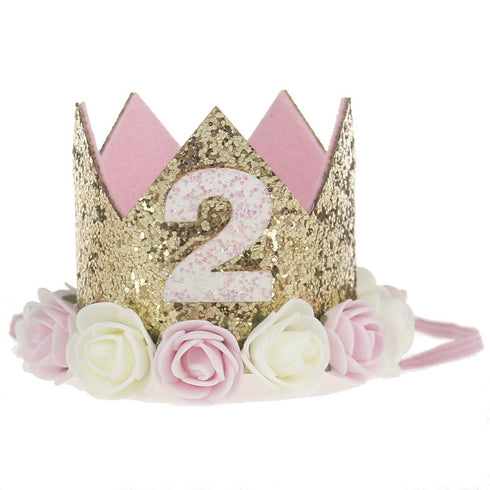 2nd Baby Birthday Crown Flower Tiara Headband 2 Year Old Birthday Party Hat Hairbands Princess Photo Props Birthday Decorations Baby Photography G...