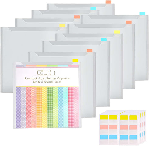 Caydo Scrapbook Paper Storage Organizer with 60 Sticky Index Tabs, 10 Pack Plastic Paper Storage Bag for Holding 12 x 12 Inch Scrapbook Paper Card...